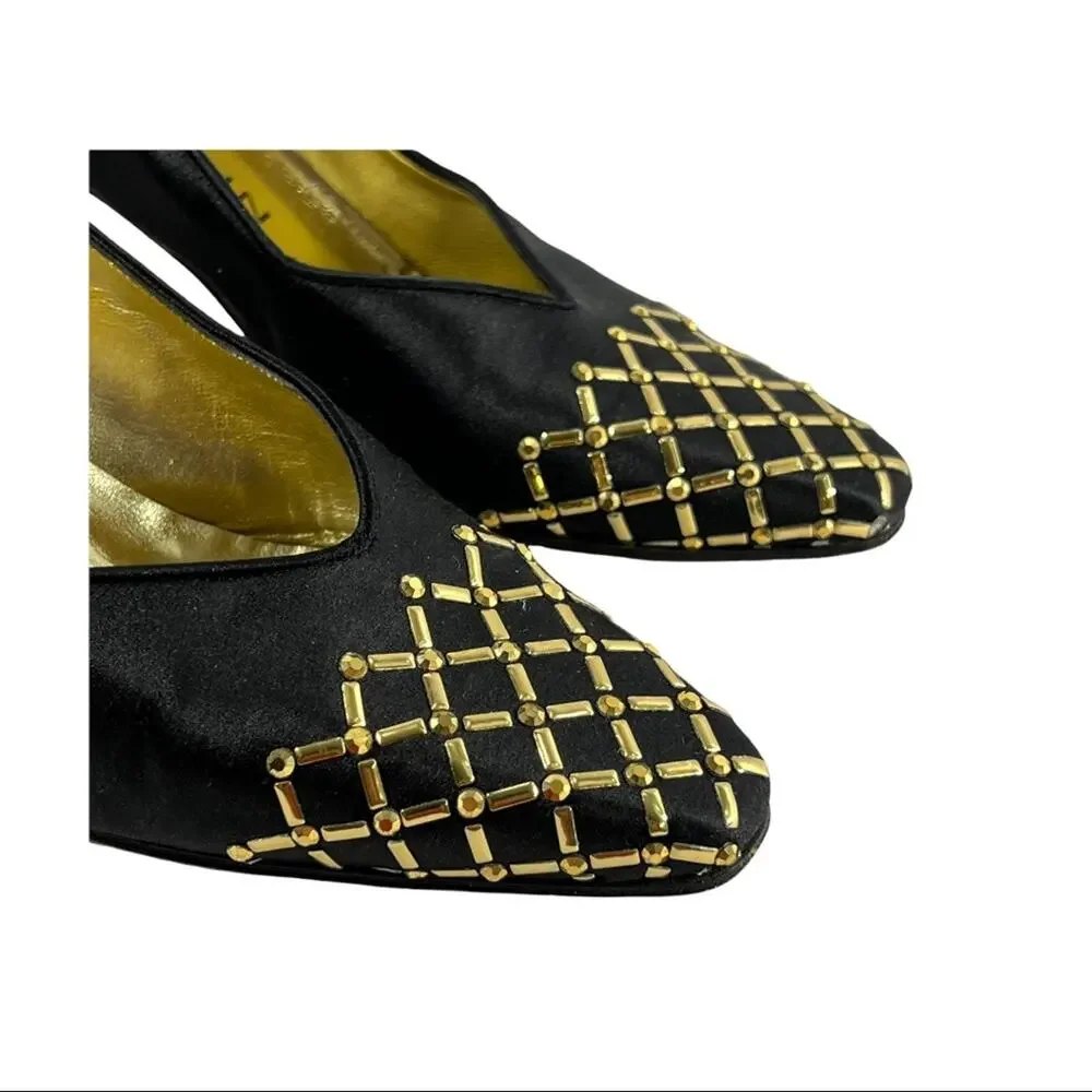 ST JOHN BLACK Vintage Satin Evening Shoes with Gold lattice design on Toe SZ 7